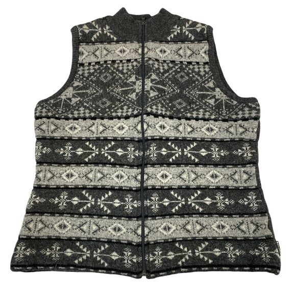 Woolrich Sweater Vest Womens Large Gray Snowflake Lambs Wool Sleeveless Full Zip - Picture 10 of 10